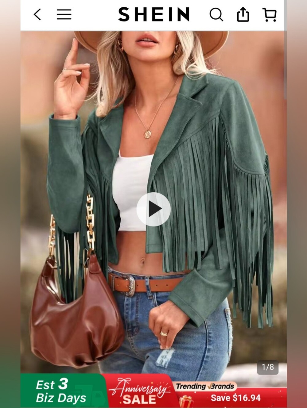 Shein Curve Green Fringe Faux Suede Cropped Jacket